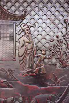 古代人物主題的紅木浮雕