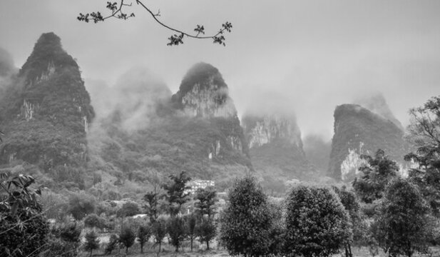 霧色山景