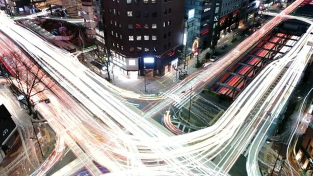 日本東京銀座路口夜景車軌