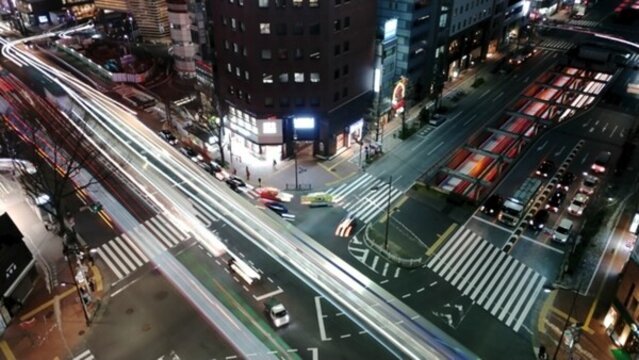 日本東京銀座路口夜景車軌