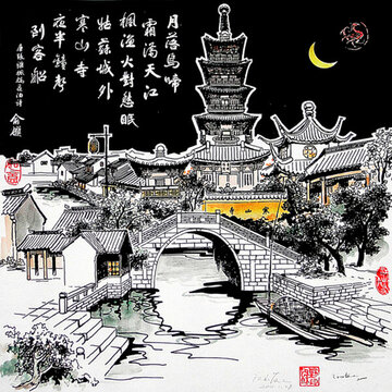 江山友人絲網(wǎng)版畫楓橋夜泊原創(chuàng)