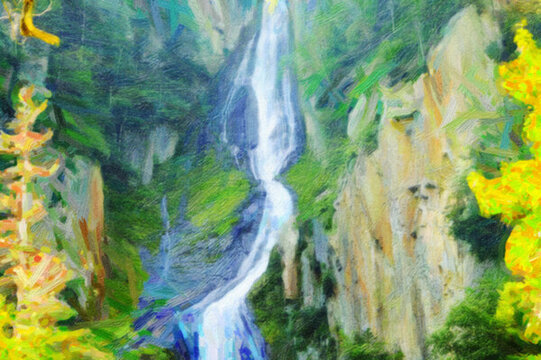 高山瀑布油畫