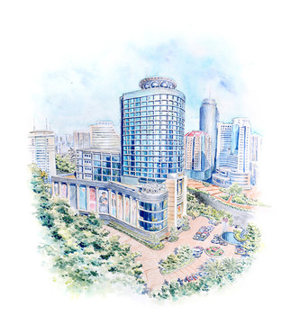 大廈水彩畫 手繪城市