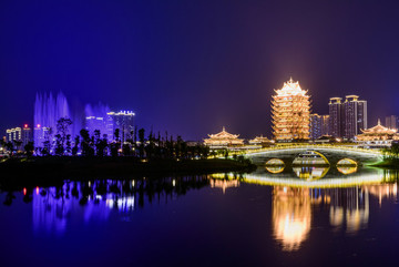 古樓 古橋夜景 倒影