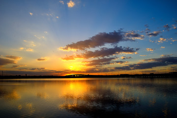 夕陽晚霞湖水