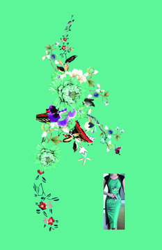 旗袍牡丹蝴蝶小鳥