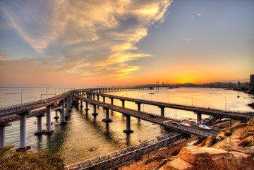 大連星海灣大橋夕陽黃昏HDR