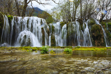 四川,九寨溝,水,山水,春色,樹林,云霧,經(jīng)幡