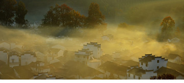 江西,婺源,石城,徽居,古建筑,早晨,霧氣,朦朧