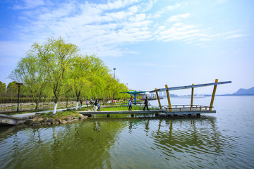 浙江,臺(tái)州,臨海,靈湖公園,航拍,全景,春天,長(zhǎng)堤,綠化