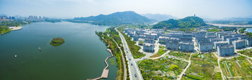浙江,臺(tái)州,臨海,靈湖公園,航拍,全景,春天,長(zhǎng)堤,綠化