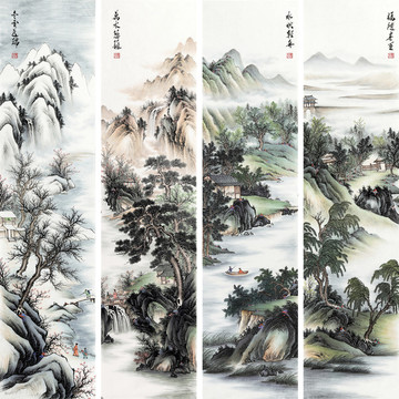 新中式春夏秋冬水墨國畫四條屏