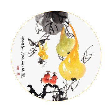 新中式水墨花卉黃金葫蘆餐廳掛畫