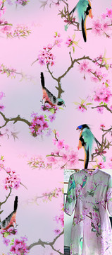 復(fù)古桃花小鳥