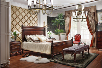 美式实木床床尾凳床头柜