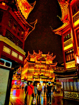 上海豫園老街建筑夜景