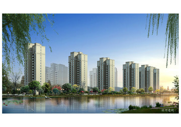 沿河高層小區(qū)住宅效果圖