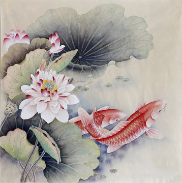 荷花金魚國畫