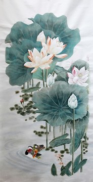 荷花金魚國畫