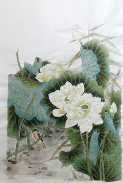 荷花金魚國畫