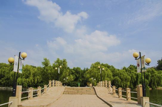 鞍山二一九公園湖上石橋與樹林