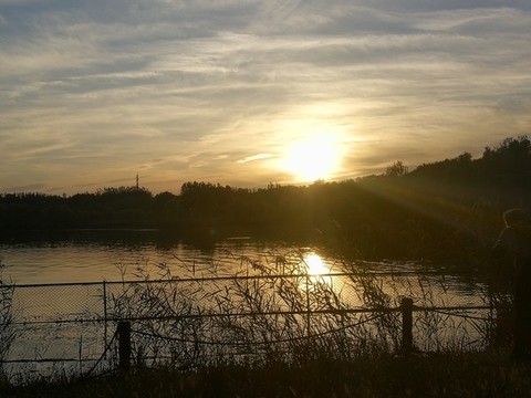 夕陽湖面圍欄