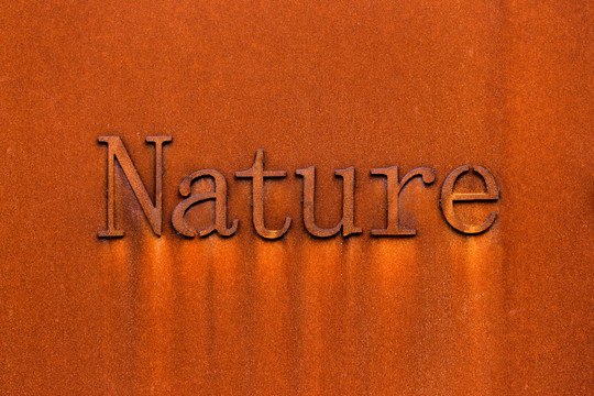 銹跡斑斑的鐵墻nature字樣