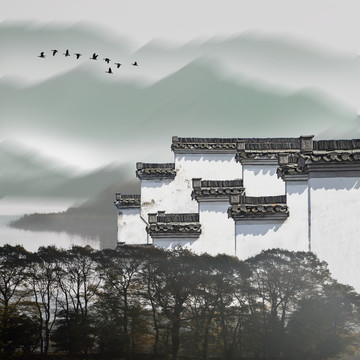 高清馬頭墻山水風景畫
