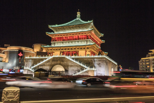 中國陜西省西安市鐘鼓樓夜色風(fēng)光
