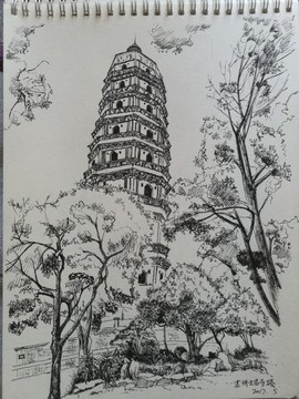 手繪蘇州云巖寺斜塔