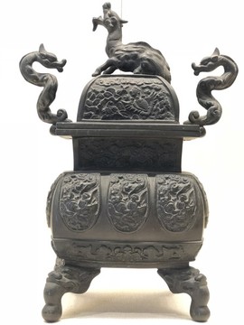 清雙龍耳獸鈕蓋銅方熏爐