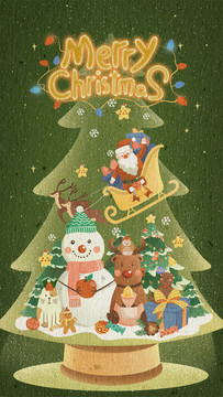 圣诞节雪人麋鹿圣诞树插画