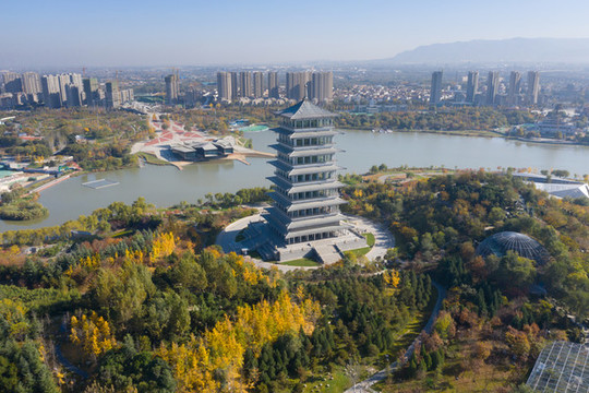 航拍西安世園會秋天