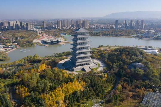 航拍西安世園會秋天