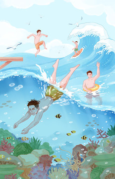 夏季海上冲浪潜水插画