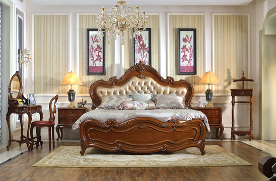 美式实木真皮大床床头柜家具