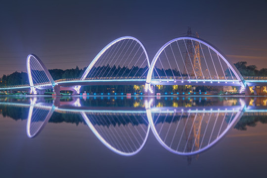 中國(guó)蘇州金雞湖畔的城市建筑和橋