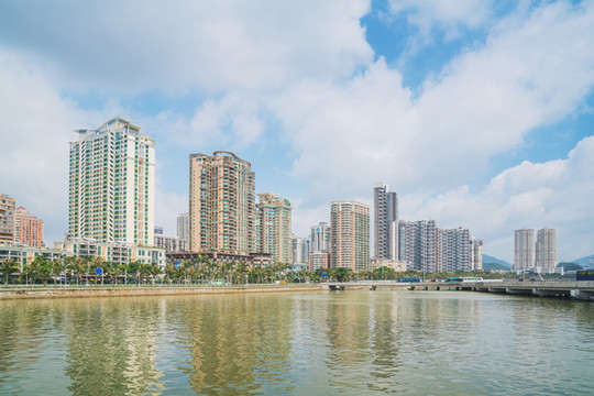 珠海和澳門的城市建筑天際線風光