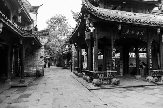 四川古鎮(zhèn)黑白照片