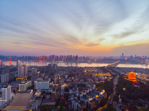 湖北武漢城市航拍傍晚和夜景風光