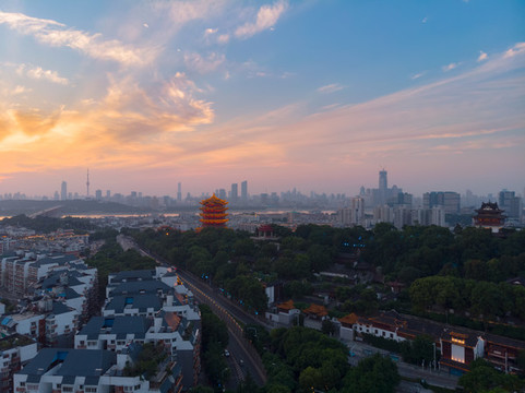 湖北武漢城市航拍傍晚和夜景風光