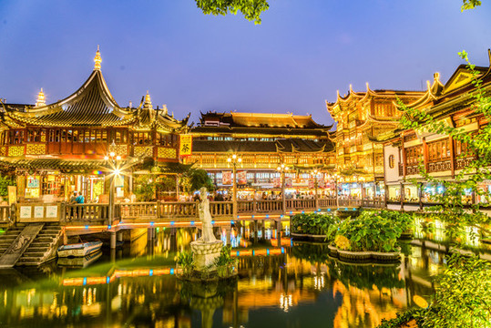 上海豫園夜景全景