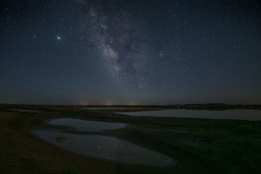 騰格里沙漠鹽湖夜晚與銀河