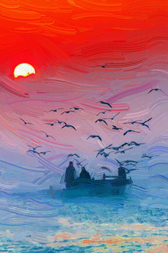 高清裝飾畫油畫夕陽(yáng)