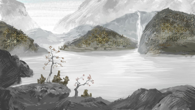 手繪中國風(fēng)意境淡雅山水畫