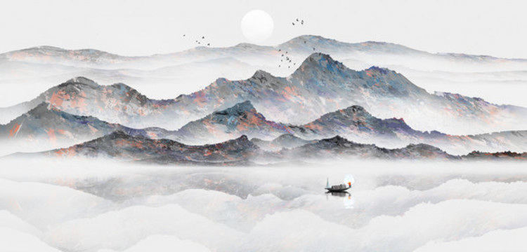 手绘中国风意境淡雅山水画