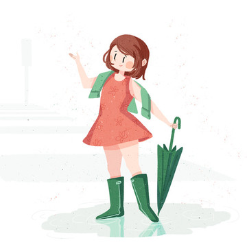 手繪插畫在雨中賞雨的可愛女孩