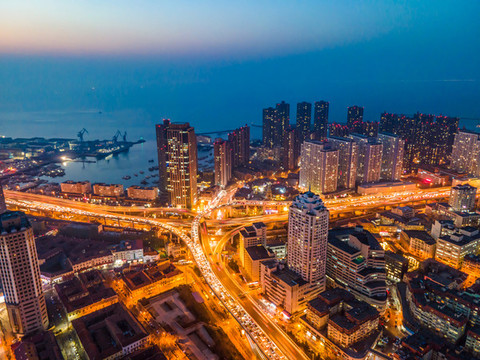 航拍青島立交橋公路夜景