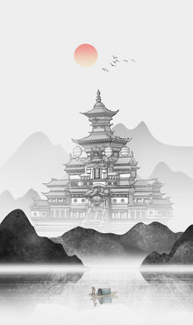 中國風古建筑水墨場景插畫