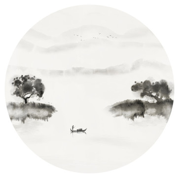 中國風(fēng)圓形水墨意境山水畫